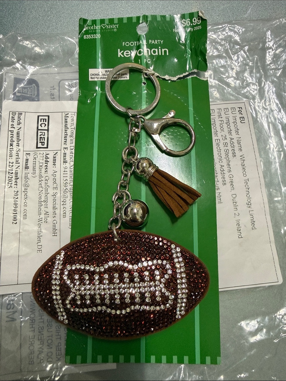 Brown Rhinestone Football Tassel Keychain with Lobster Clasp
